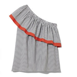 Vertical Striped One-Shoulder Ruffle Blouse Red